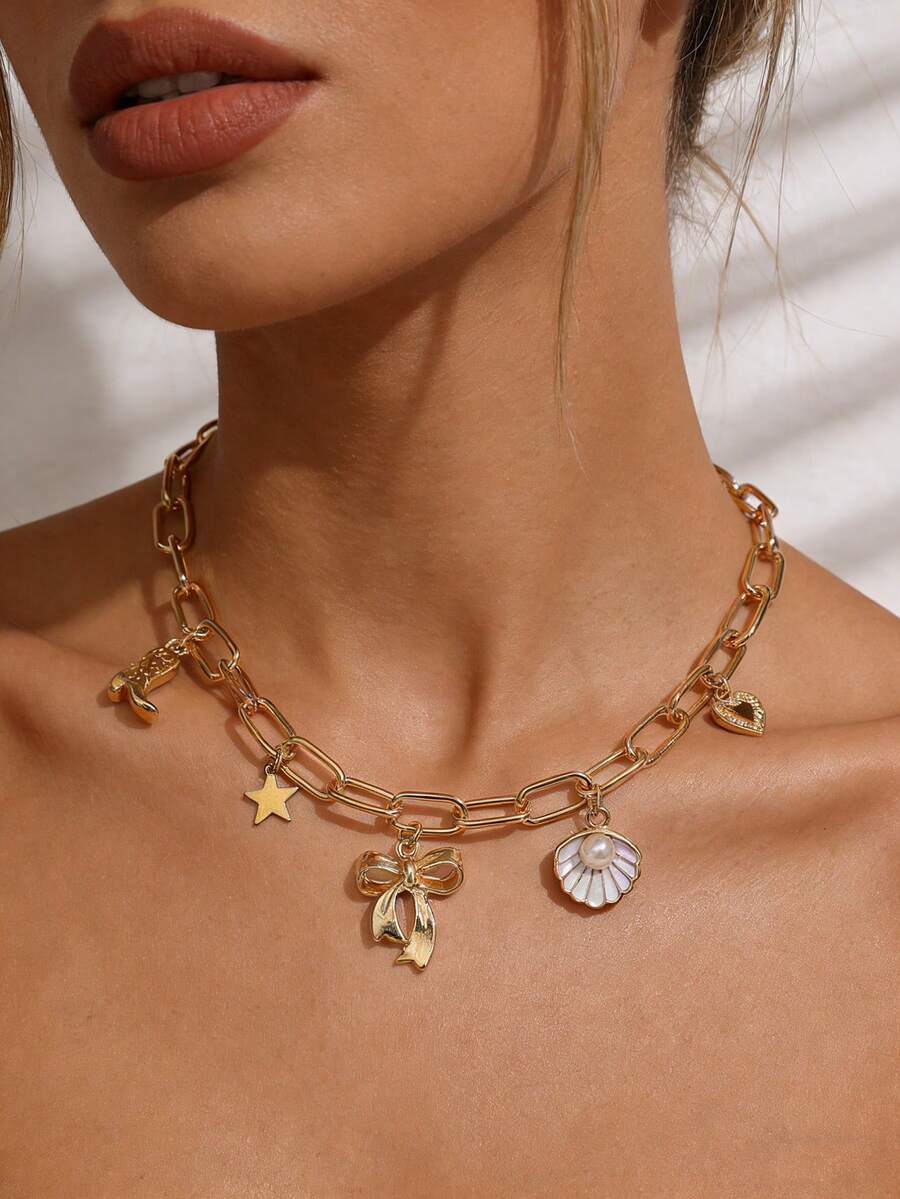 1件时尚甜美法式蝴蝶结吊坠项链，饰有珐琅、油滴、扇贝珍珠、西部牛仔靴、星星和休闲链条 - 金色 - 查看 1