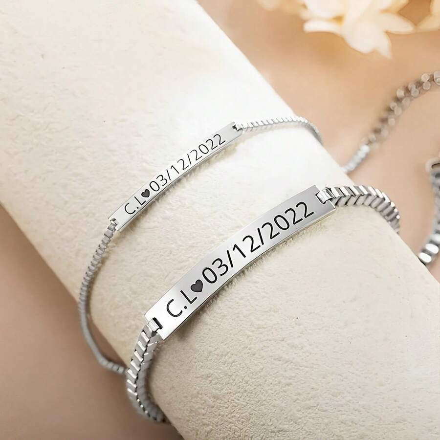 Personalized Custom Laser Engraved Name/Date Jewelry - Adjustable Box Chain Bracelet, Stainless Steel Bracelet, Suitable For Boyfriend, Girlfriend, Father, Mother, Best Friend, Birthday, Anniversary, Valentine's Day, Elegant Everyday And Special Occasion Jewelry, - Multicolored - View 1