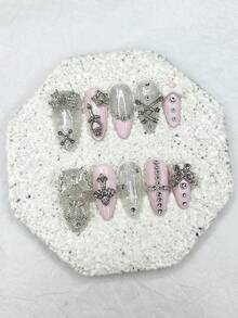 10 Pieces Y2K Pink Gyaru French Almond Handmade Press On Nails 3D Butterfly Star Cross Diamond Fake Nails Cute Bow Silver Glitter Nail Art Nail Supplies(1 Sheets Jelly Stickers+1PC Nail File) Handmade Press On Nails - Pink - View 13