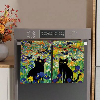 2/4/48pcs Spring & Summer Series, Black Cats, Butterflies & Floral Print Kitchen Towels - Soft, Absorbent Polyester Dish Towels, Suitable For Holiday Decor, New Year Gifts, Kitchen Decor, Party Decoration