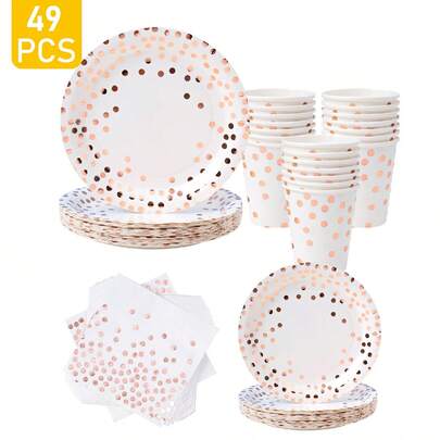 Rose-Gold Punkte Einweg-Teller, Servietten, Becher - 8 Gäste Set, Einweg-Pappteller Party Zubehör geeignet für Geburtstag, Hochzeit, Themenparty, Familien-Picknick