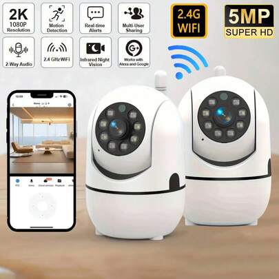 1/2pcs Indoor Security Camera, Suitable For Home, Supports 2.4G WiFi, Night Vision, 355° Rotation And Tilt, Pet Monitoring, Motion Detection, Two-Way Audio, Cloud Storage And SD Card