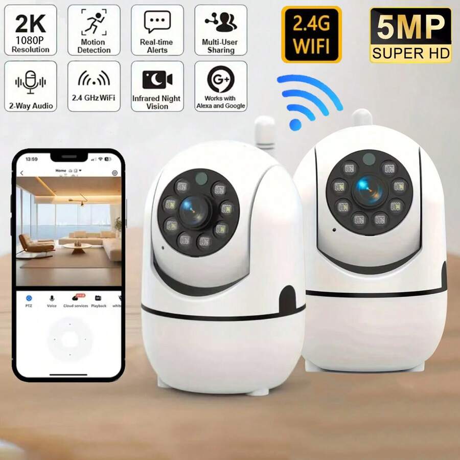 Cámara de interior, 1/2 paquetes, adecuada para el hogar, compatible con WiFi 2.4G, no compatible con WiFi 5G, visión nocturna, rotación e inclinación de 355°, monitoreo de mascotas, detección de movimiento, audio bidireccional, almacenamiento en la nube y tarjeta de memoria - Blanco - View 1