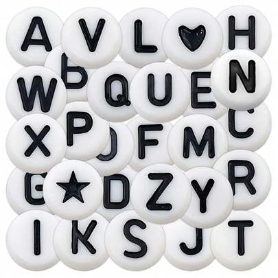 26颗圆形自粘黑白字母亚克力散珠，字母贴纸，字母标签，适用于剪贴簿、手工DIY、日记本、笔记本、标牌、拼贴相册
