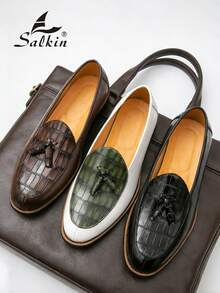 Salkin Classic Retro Men's Slip-On Loafers With Tassels, Elegant Gentleman's Leather Shoes With Luxurious And Soft Comfortable Feel, Suitable For Casual, Business, Formal Occasions Like School, Graduation, Office, Party, Wedding. Please Order One Size Up As The Sizing Runs Small, Suitable For Spring, Summer, Autumn Formal/Business Formal - Tassel Plaid Loafers - View 3