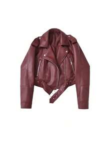 Women's Casual Short Leather  Jacket, Spring Easter Style - Burgundy - View 9