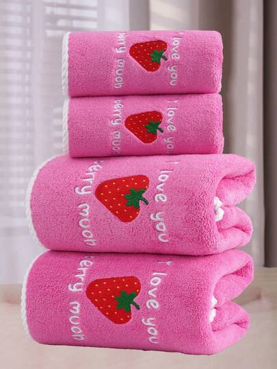 3/2/1 pieza Toalla de baño/toalla de baño de felpa coral bordada con fresa, superabsorbente de microfibra, toalla de mano suave, elegante para baño, hotel, gimnasio, viaje, regalo, salón, deportes, exterior, playa, escuela, vuelta al cole, accesorios de viaje, artículos esenciales para el hogar