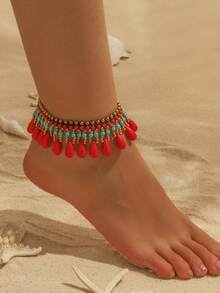 1 chiếc lắc chân dệt hạt ngọc lam phong cách Boho có mặt dây chuyền nhiều màu sắc, phù hợp cho trang phục hàng ngày và lễ hội của phụ nữ, đặc biệt phù hợp cho mùa hè (Sắp xếp đá hình giọt nước thủ công ngẫu nhiên) - Giọt nước màu - Xem 4