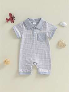 Infant Baby Boy Romper Lapel Collar Short Sleeve Plaid Print Upper Button Jumpsuit - 灰色 - 查看 1