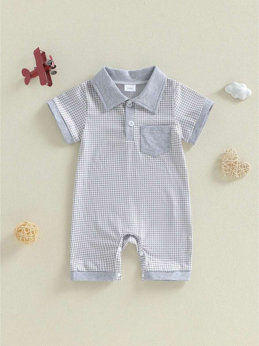 Infant Baby Boy Romper Lapel Collar Short Sleeve Plaid Print Upper Button Jumpsuit - 灰色 - 查看 1