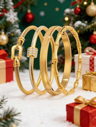 4/1pc Golden Jewelry Set, Chic And Graceful Stainless Steel Bangle, Suitable For Cozy Dating Moments, Lively Party Gatherings, Daily Urban Commuting, And A Heartfelt Valentine's Day Gift, Boasting A Smooth Finish That Blends Durability With Elegant Aesthetics, Making It A Versatile Accessory For Every Occasion From Casual Outings To Formal Affairs