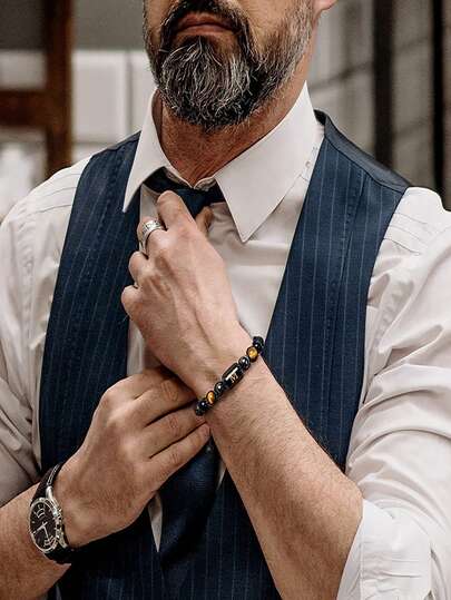 26颗天然石字母珠手工编织手链，10毫米火山石和黑曜石珠，男士手链