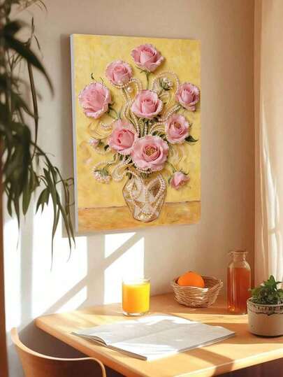 1 Set DIY Handmade Pearl Painting - Self-Adhesive Pearls - Beautiful Blooming Pink Flower Pattern Pearl Diamond Painting Kit, DIY Special Self-Adhesive Pearl Diamond Part Diamond Painting Mosaic Handcraft, Suitable For Home Wall Decor Art