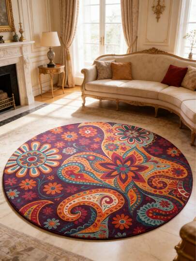 1pc Colorful Mandala Bohemian Round Area Rug - Turquoise Blue, Coral Pink, Turquoise Green, Navy Blue And Gold Round Rug, Soft Texture, Extra Large Size Options, Suitable For Living Room, Bedroom, Office, Boho Style Rug