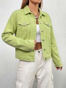 Women's Fluorescent Green Long Sleeve Single-Breasted Casual Jacket - Yellow - View 3
