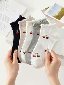 5 Pairs Girls' Cute Cherry Pattern Ruffle Trim Ankle Socks, Fashion Ins Style Comfortable White Socks, Random Color, Suitable For All Seasons - Multicolor - View 3