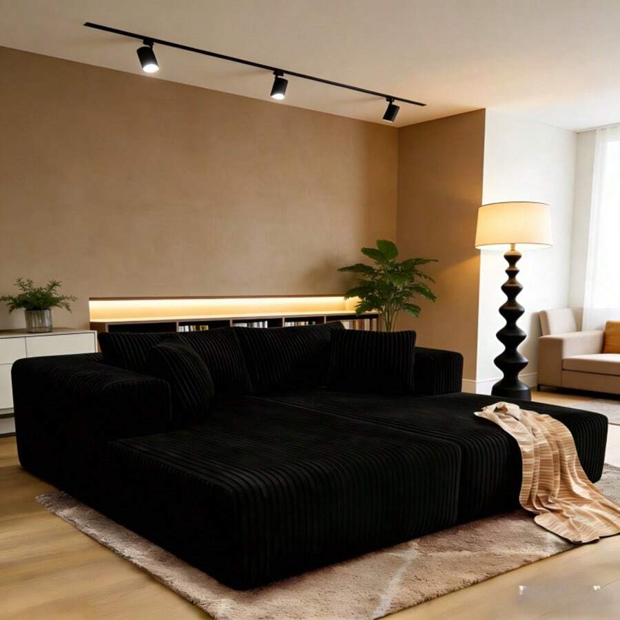 Sofas For Living Room Bonelss Couch (Sofá Para Sala) Sectionals For Living Room Set Furniture (Mueble De Sala) Black Couch And Lounge Chair Modular Sectional Sofa, New Cloud Sectional Couch With Deep Seat,Convertible Upholstered Boneless Couches For Living Room,Stripe Corduroy Fabric And Memory Foam Sectional Couches With Oversized Chaise ,Experience 30D High-Resilience Memory Foam That Cradles Your Body Like Floating On Air - The Modular Sectional Sofa's Frameless Design Eliminates Pressure Points For Movie Marathons Or Afternoon Naps.(Left Facing Chaise And Right Facing,Transform Your Space With Our Cloud Sectional Couch Featuring Memory Foam Couch That Adapts To Every Body Shape, Creating The Ultimate Sofas For Living Room Gatherings And Relaxation.♥♥Note: Multiple Packages May Arrive Separately. ♥♥Chaise) Black - 黑色 - 查看 1