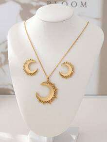 1 Set de Joyas con Aretes y Collar con Diseño Geométrico de Luna, Diseño Versátil - Amarillo Oro - Ver 5