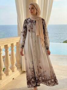 Elegant Women's Floral Print Off-Shoulder Long Loose Robe Dress - Champagne - View 2