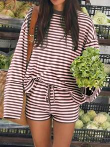GAOVOT Ensemble 2 pièces femme d'été décontracté, t-shirt à manches longues col rond avec blocs de couleurs et rayures, short ample à taille élastique. Élégant pour le printemps - Rayures roses et brunes - Voir 7