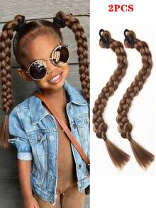2条装橡皮筋辫子发丝纤维合成假发，适合儿童日常佩戴和角色扮演 - 彩色 - 查看 6