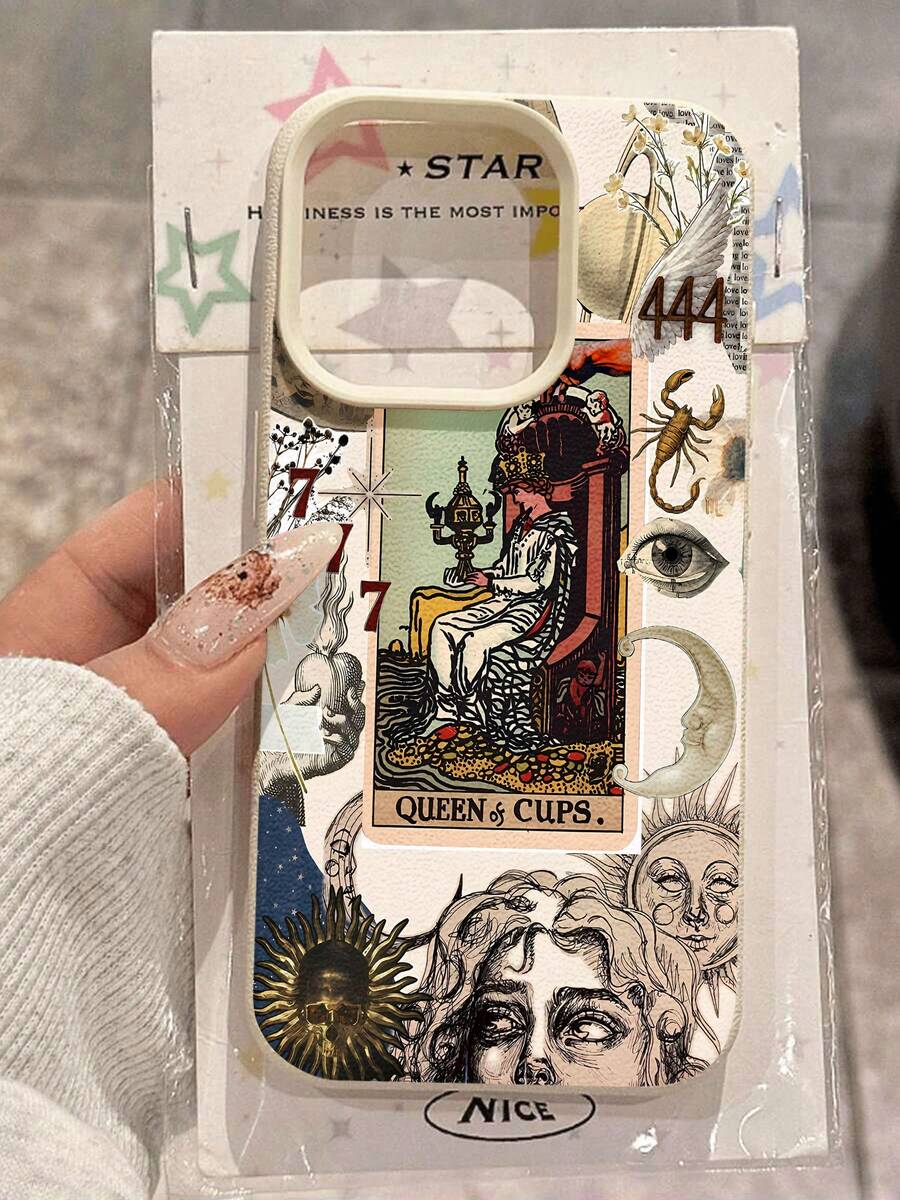 Estuche para teléfono con diseño de carta del Tarot de la Reina de Copas Compatible con estuches para teléfonos ,  17,  16 Pro Max,  15 Pro Max,  13 y  12 Estuche para teléfono con elegante textura de cuero Resistente al agua, a prueba de caídas y rayones Un gran regalo para familiares, amigos, amantes, novios/novias y el día de San Valentín - Blanco antiguo - Ver 1