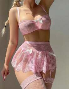Black Red Pink Lace Sheer Bikini Set Adjustable Garter Belt With Thong 3 Piece Lingerie Underwear Women - 粉色 - 查看 3