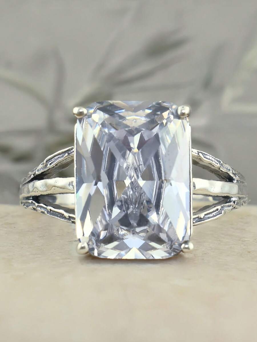 1 Stück Boho-Stil Vintage Silber & Weißer Kubikzirkonia Ring, geeignet für Hochzeit, Verlobung, Versprechen, Alltag - Antiksilber - Übersicht 1