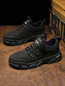 Zapatillas deportivas transpirables de color sólido para hombre, suelas resistentes al desgaste con hebillas giratorias, botas gruesas antideslizantes para exteriores, cómodas de llevar, ideales para ropa informal, caminar, senderismo al aire libre, citas y uso diario. - Blanco y Negro - Ver 7