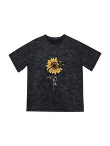 Women's Summer New Sunflower And Butterfly Print Round-Neck Short-Sleeve T-Shirt, Casual Loose Versatile Top, Stylish Daily Wear - Black - View 3