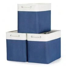 Extra Large Storage Baskets For Shelves 3 Pack Fabric Storage Bins For Organizing Linen Collapsible Organizer For Closet-White&Blue - 白藍 - 查看 1