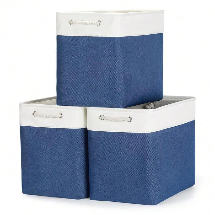 Extra Large Storage Baskets For Shelves 3 Pack Fabric Storage Bins For Organizing Linen Collapsible Organizer For Closet-White&Blue - 白藍 - 查看 1
