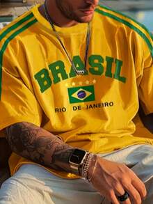 Plus Size Men's Casual Brazil Graphic T-Shirt - Short Sleeve Crew Neck, Colorful "BRASIL" Design, Suitable For Summer Or Everyday Wear - Ginger - View 4