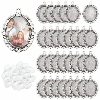 5/10 Sets Oval Pendant Trays Photo Charms With Glass Cabochons For Wedding Brides Bridal Bouquet Charm Necklace Jewelry Making, 25x18mm