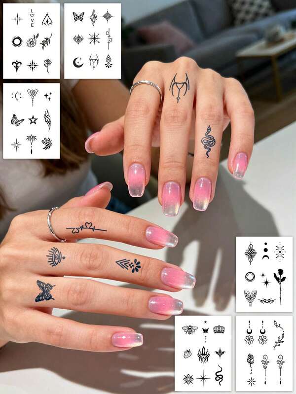 2片/1片装草本汁液半永久手指纹身贴纸，简约图案如太阳、星星、月亮、蝴蝶、蛇，适合日常、节日、派对、送礼、身体装饰，可贴于手指、肩膀、脖子、锁骨等部位，防水假纹身