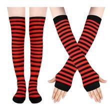 Benefeet Sox Womens Rainbow Striped Knee High Thigh High Socks Arm Warmers Set Fingerless Gloves Halloween Costume - 黑紅條紋 - 查看 1