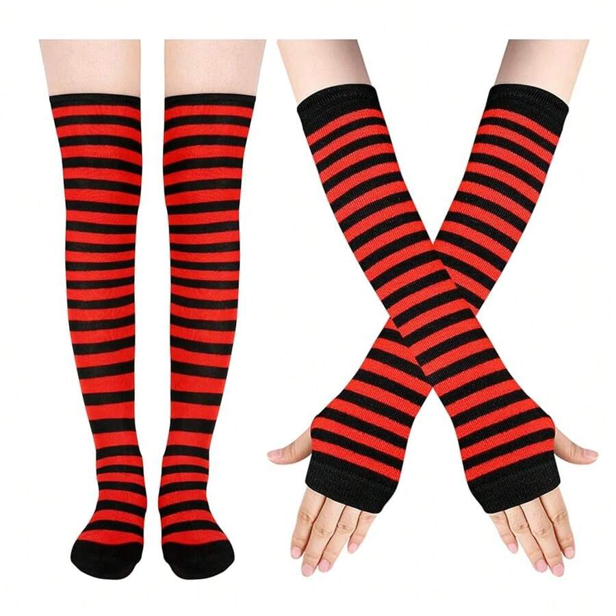 Benefeet Sox Womens Rainbow Striped Knee High Thigh High Socks Arm Warmers Set Fingerless Gloves Halloween Costume - 黑紅條紋 - 查看 1