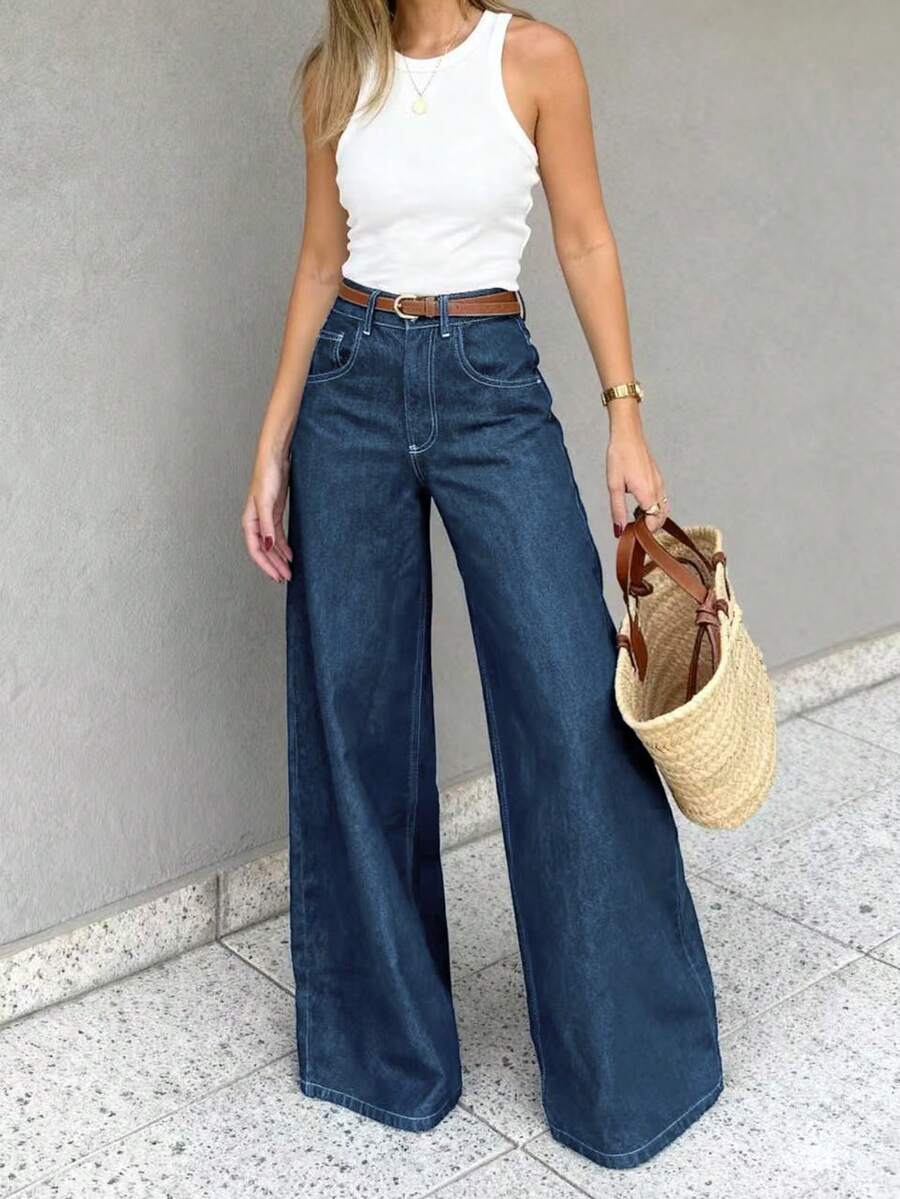 Quần jeans ống rộng nữ, chất liệu denim mài, kiểu dáng thường ngày, có chi tiết cúc, vải co giãn tốt, thích hợp cho các bữa tiệc thanh lịch mùa xuân. - Rửa trung bình - Xem 1