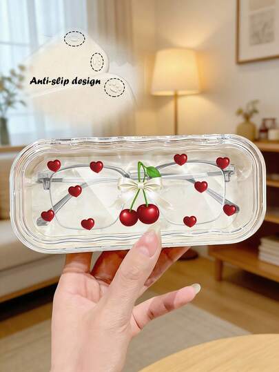 透明波浪纹眼镜盒，樱桃图案设计，便携防压，近视眼镜复古眼镜盒，时尚眼镜收纳盒，男女通用，时尚眼镜及其他眼镜的紧凑型塑料收纳盒