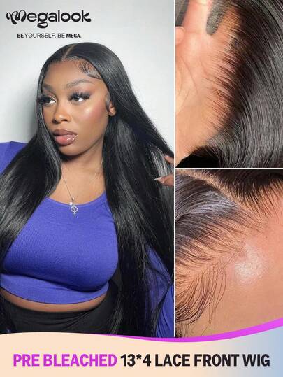 MEGALOOK 13x4蕾丝前额假发，直发，贴合肌肤，无胶蕾丝前额假发，100%真人发，预先拔毛和漂白发结，自然发际线，透明蕾丝假发，12-30英寸波波头假发，长款假发 - 自然美观，适合日常佩戴，办公室、僵尸新娘、万圣节、派对、Y2K、坏女孩、度假、户外角色扮演、校园、学校假期、圣诞节、派对、婚礼、节日等场合，适合女性佩戴。