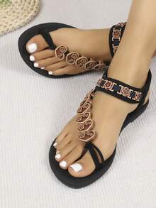 1 Đôi sandal chiến binh kiểu Bohemian cổ điển với nhẫn ngón chân hình trái tim và hoa. - màu đen - Xem 1