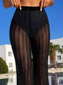 Pantalones palazzo de pierna ancha y transparente con brillo negro para mujer - Cintura alta, fondo de bikini elástico, adecuado para verano, playa y fiestas nocturnas - Negro - Ver 3
