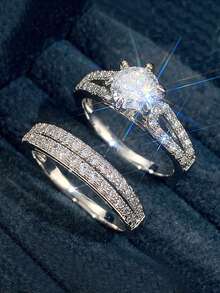 两件套优雅闪亮立方氧化锆戒指套装，高端珠宝，适合女士婚礼、派对、宴会佩戴，铜质材料，不褪色且低过敏性，适合作为节日礼物送给爱人或母亲。 - 銀色 - 查看 13