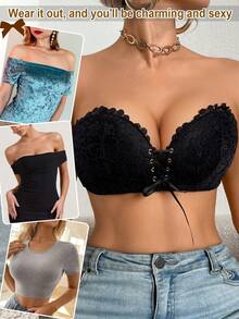 mimilemon 女士黑色蕾丝无肩带钢圈文胸 - 抽绳收拢设计，透气舒适，适合度假穿着 - 黑色 - 查看 6