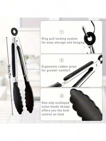 1 pieza Pinzas de cocina pequeñas, Pinzas de comida mini de 7 pulgadas, Pinzas con puntas de nailon resistentes al calor para cocinar, servir, barbacoa, parrilla, ensalada y talla grande, Utensilios de cocina, Herramientas de hornear