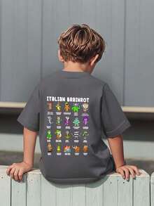 Young Boy Casual Graphic Print Crew Neck Short Sleeve T-Shirt, Summer Top - Dark Grey - View 4