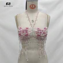 Glossmoon Pink Beads Festival Sexy Top Body Chain Chest Chain Body Chain Bikini Jewelry Beachwear Music Festival Nightclub Outfit - 粉紅色上衣 - 查看 6