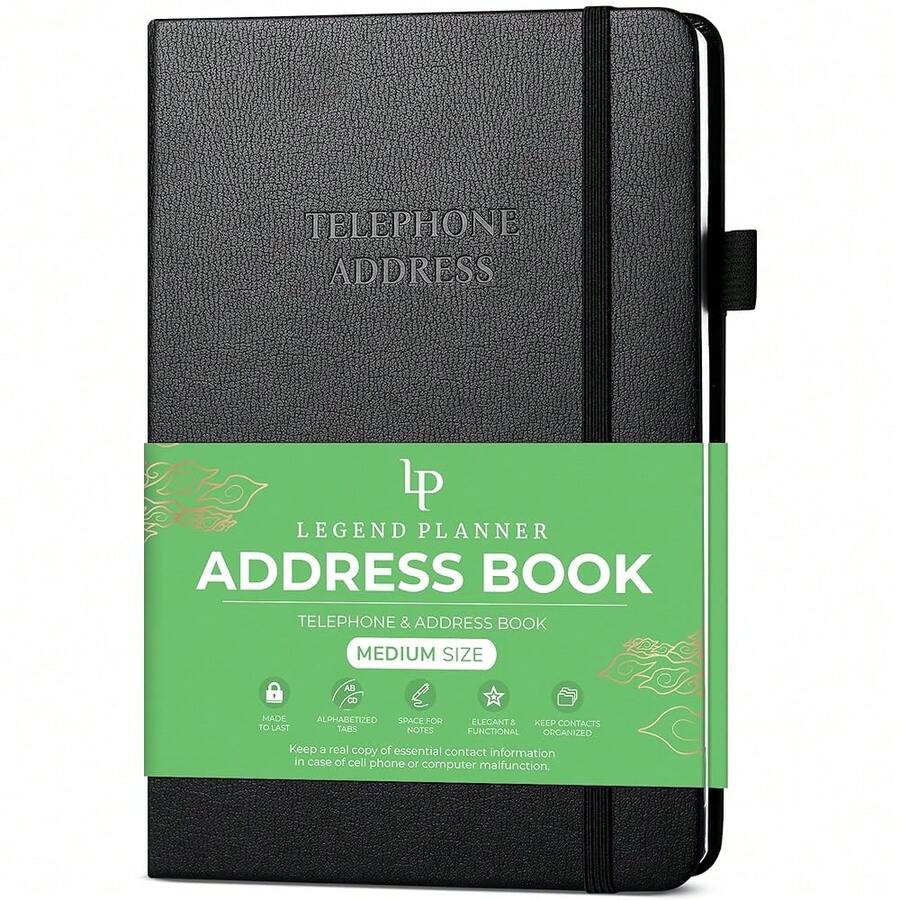 Legend Planner Address Book With Alphabetical Tabs –Telephone Contacts Book For Phone NFUmbersss, Addresses, Passwords, Medium (Black) - 黑色的 - 查看 1