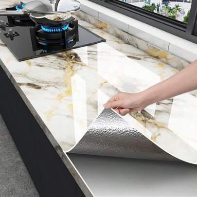 1卷大理石纹自粘墙纸 - 奢华金色大理石纹自粘墙纸，防水、防油、防污、可移除，适用于厨房台面、浴室