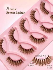 Rikuaild 5 Pairs Brown Cat Eye False Eyelashes, Transparent Band Natural Foxy Eyes Brown Faux Mink Lashes Soft & Comfortable, Fluffy Striped False Lashes For Natural Makeup, Eyelash Extension, Christmas & New Year Gift - 眼尾拉長款 - 查看 6